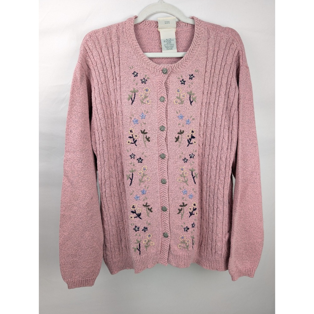 Vintage 90s Northern Reflections Floral Embroidered Button Cardigan Size XL Pink